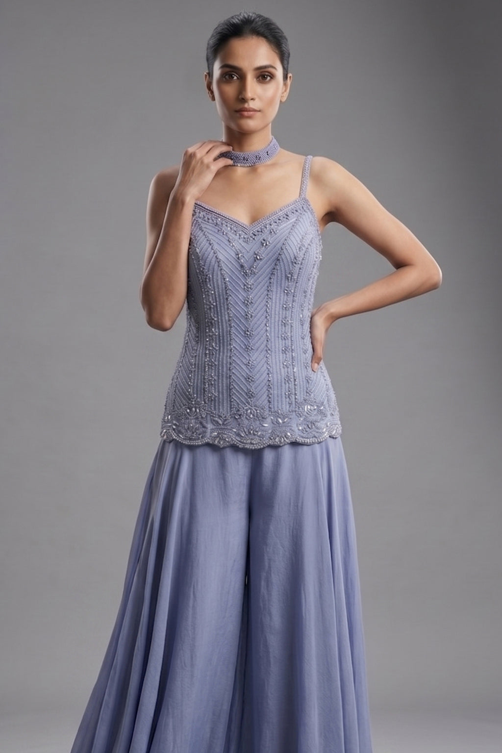 Light Blue Chinon Cutdana Beaded Palazzo Suit
