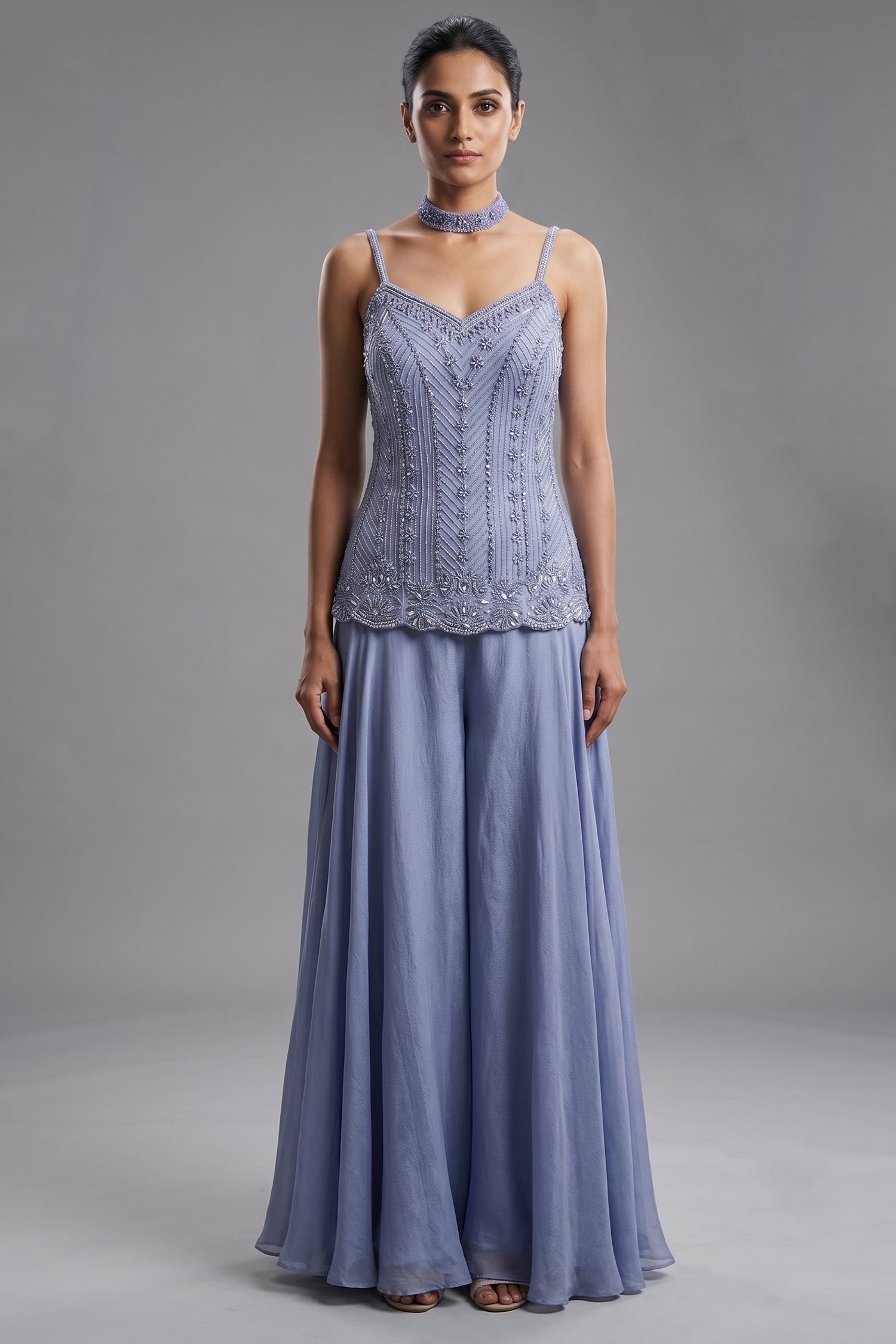 Light Blue Chinon Cutdana Beaded Palazzo Suit Main image