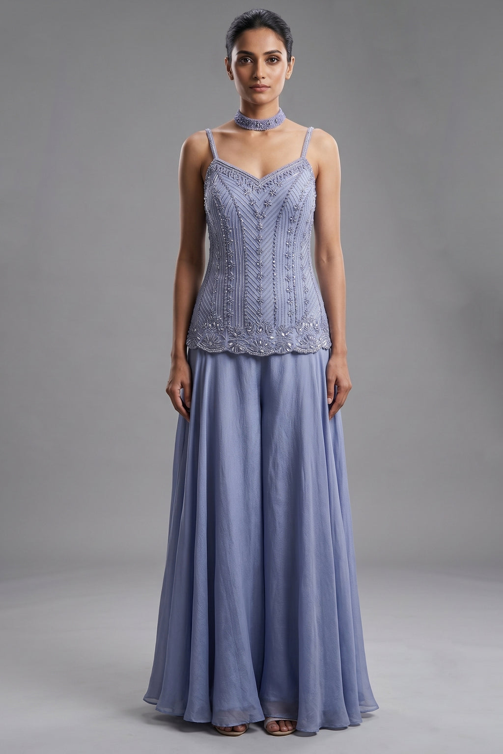 Light Blue Chinon Cutdana Beaded Palazzo Suit