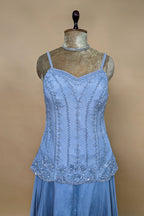 Light Blue Chinon Cutdana Beaded Palazzo Suit