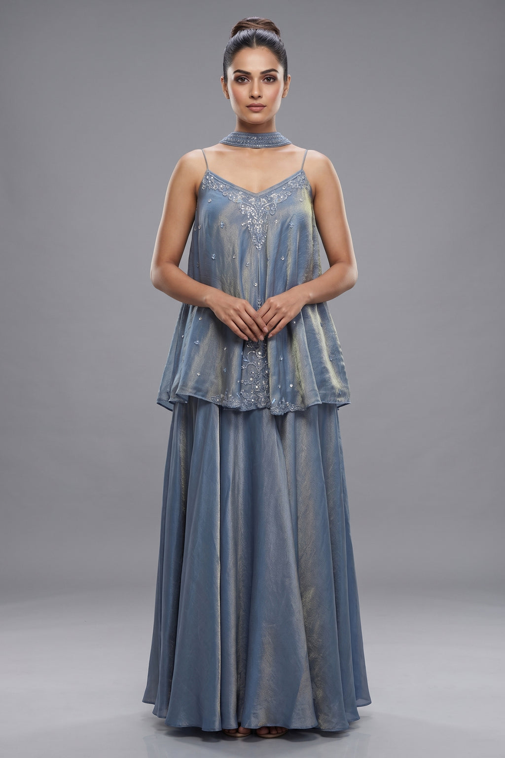Blue Tissue Silk Cutdana Sequin Worked Palazzo Suit