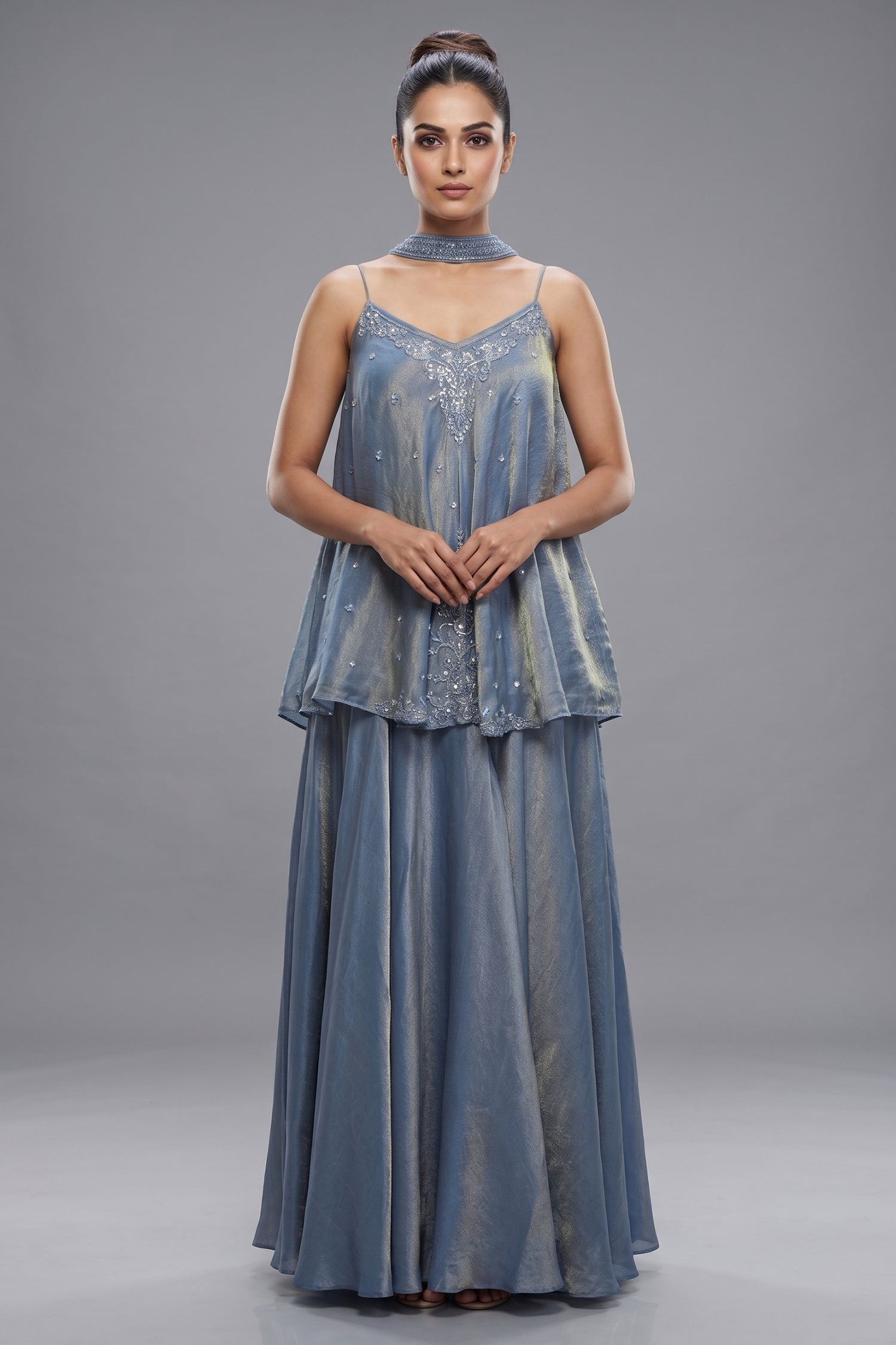 Blue Tissue Silk Cutdana Sequin Worked Palazzo Suit
