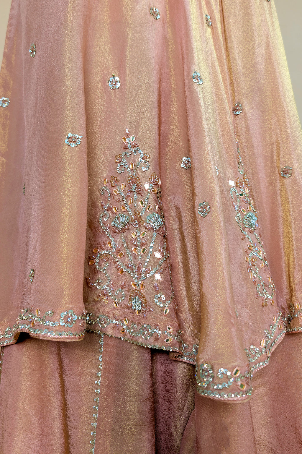 Peach Tissue Silk Cutdana Sequin Worked Palazzo Suit