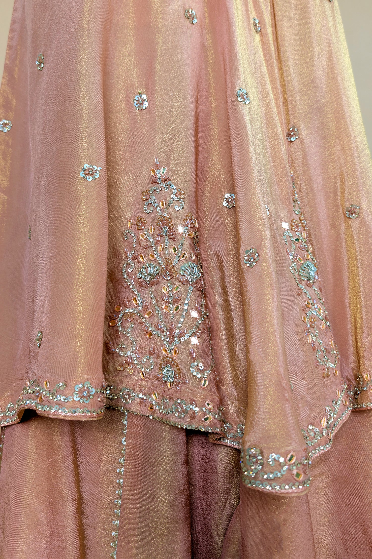 Peach Tissue Silk Cutdana Sequin Worked Palazzo Suit