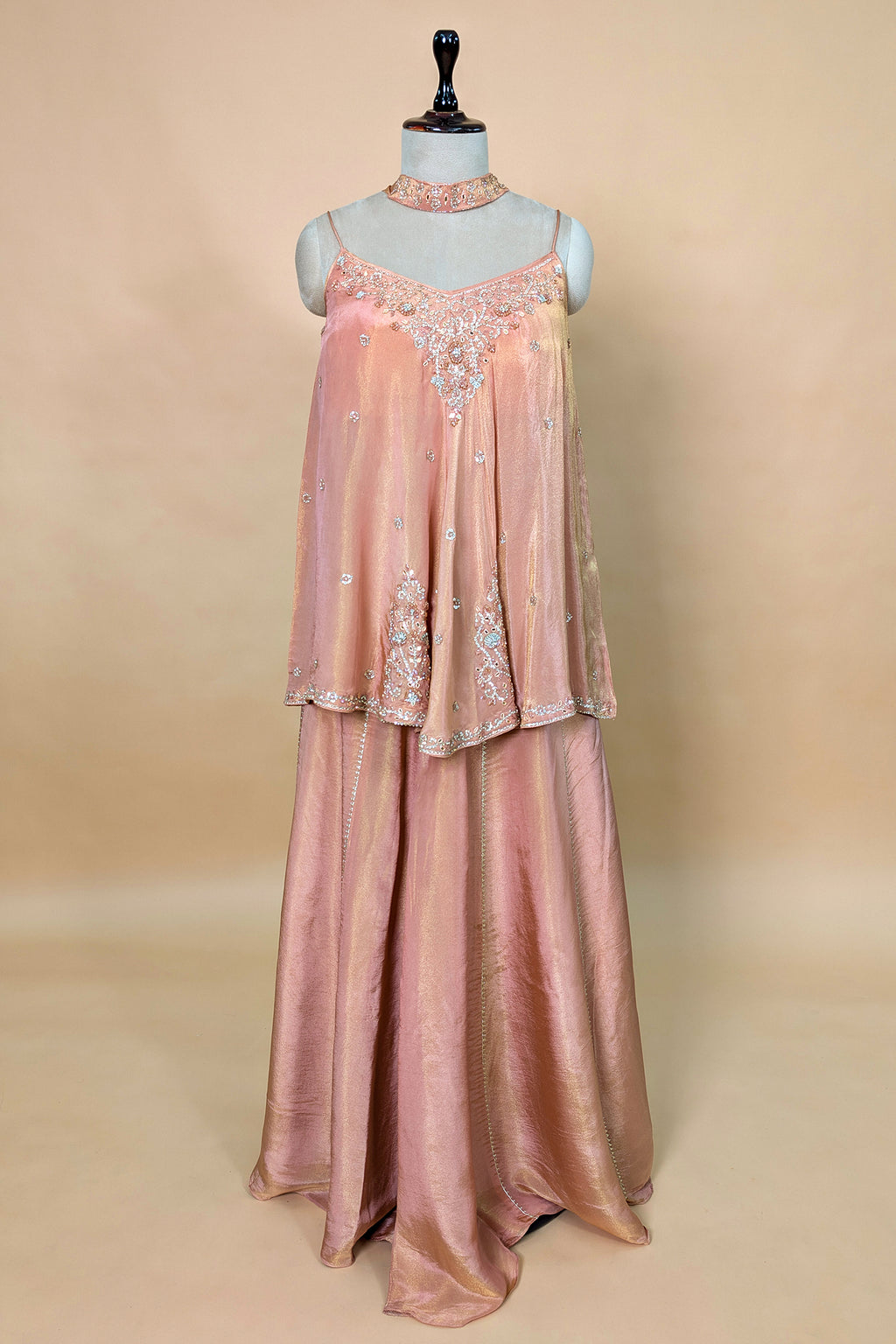 Peach Tissue Silk Cutdana Sequin Worked Palazzo Suit