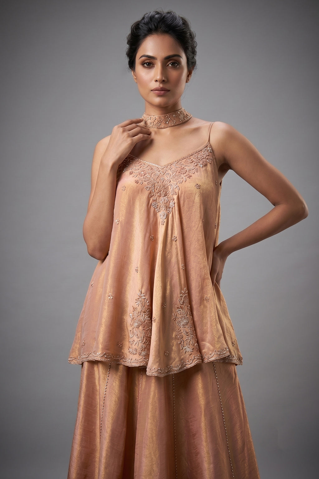 Peach Tissue Silk Cutdana Sequin Worked Palazzo Suit
