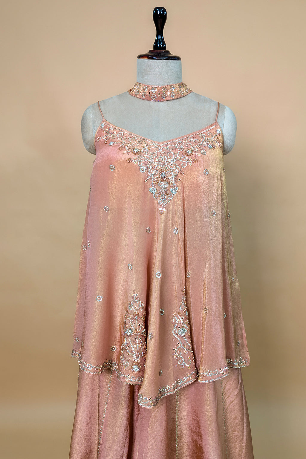 Peach Tissue Silk Cutdana Sequin Worked Palazzo Suit