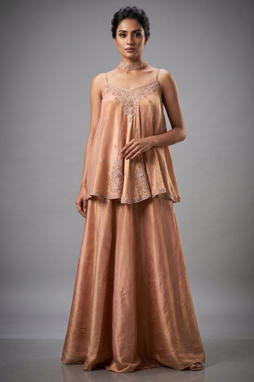 Peach Tissue Silk Cutdana Sequin Worked Palazzo Suit