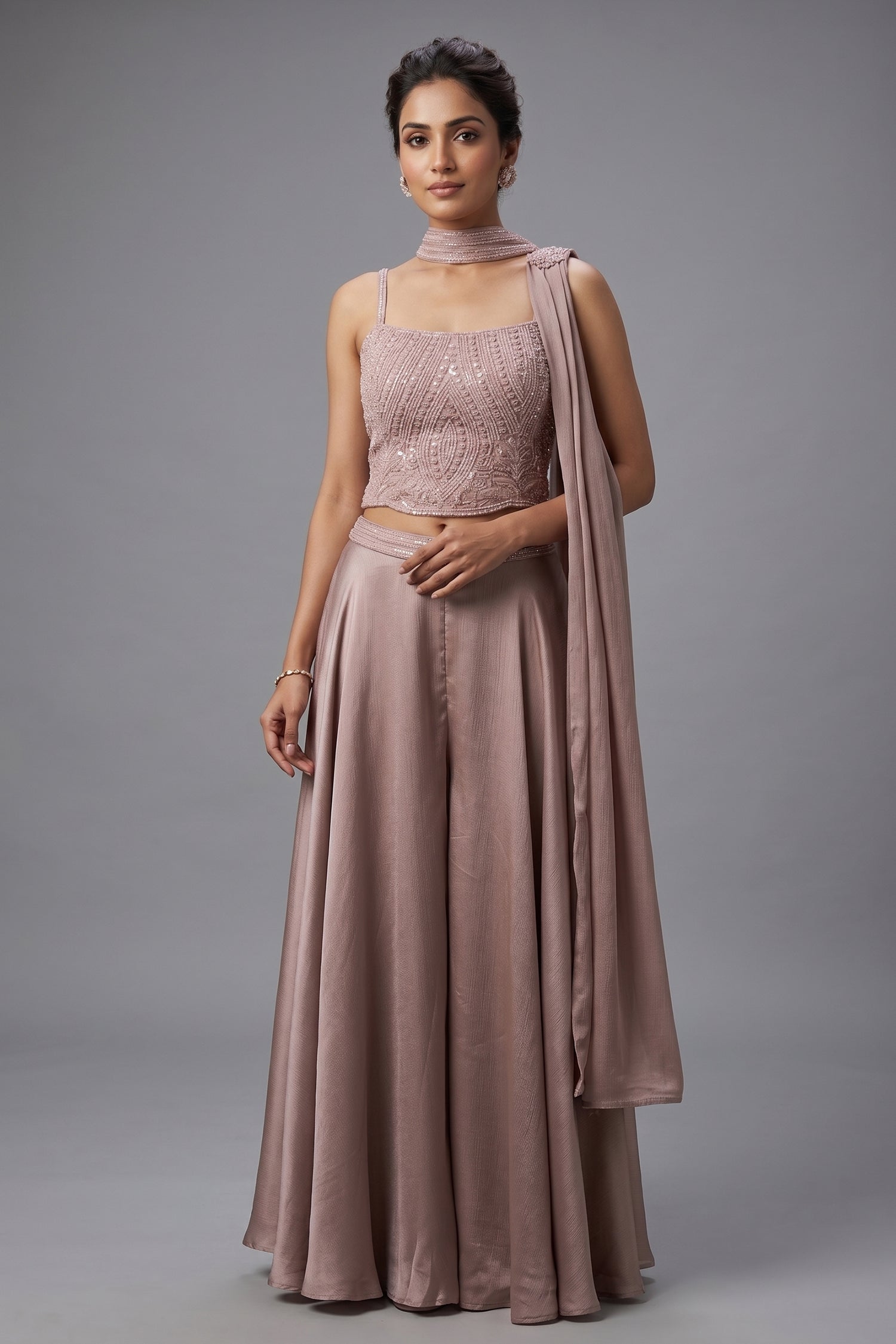 Dusty Pink Chiffon Silk Sequin and Cutdana Worked Crop Top Palazzo Set with Dupatta Main image