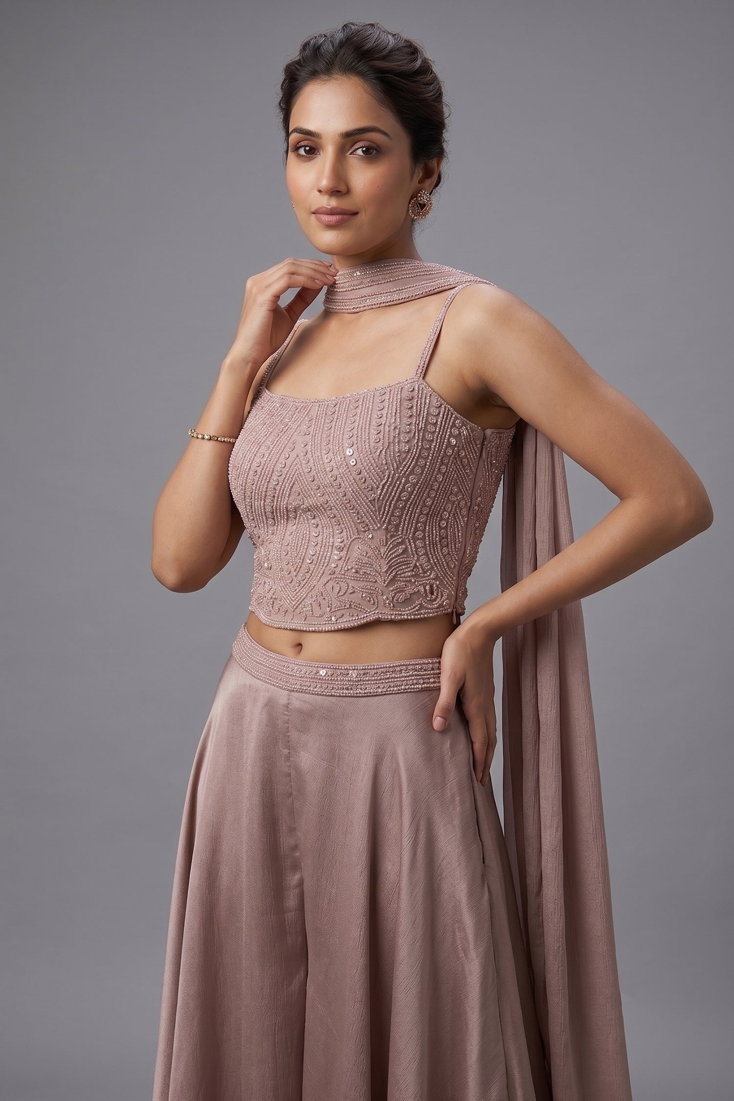 Dusty Pink Chiffon Silk Sequin and Cutdana Worked Crop Top Palazzo Set with Dupatta Secondary image