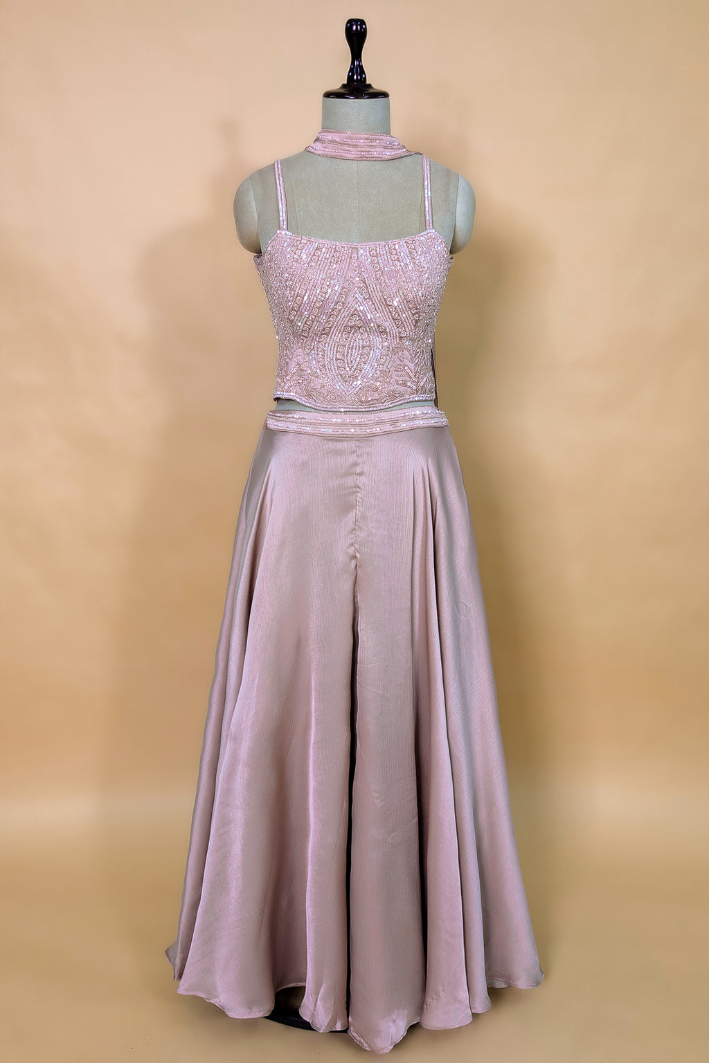 Dusty Pink Chiffon Silk Sequin and Cutdana Worked Crop Top Palazzo Set with Dupatta