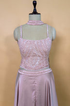 Dusty Pink Chiffon Silk Sequin and Cutdana Worked Crop Top Palazzo Set with Dupatta
