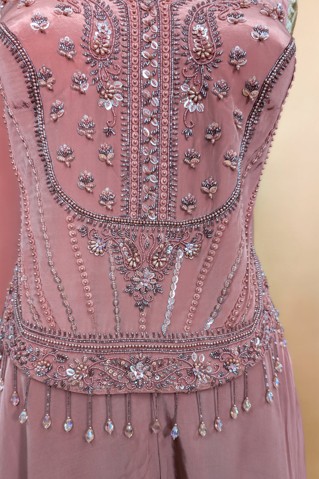 Peach Crepe Silk Cutdana Beaded Palazzo Set