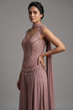 Peach Crepe Silk Cutdana Beaded Palazzo Set