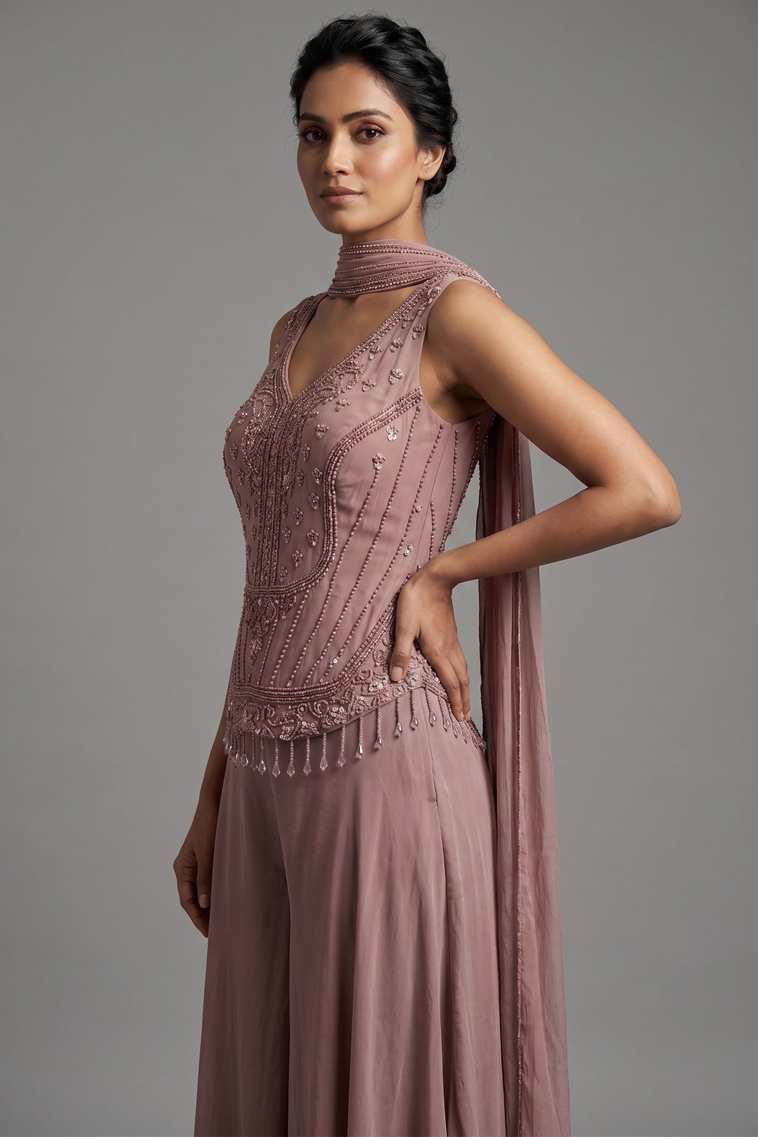 Peach Crepe Silk Cutdana Beaded Palazzo Set