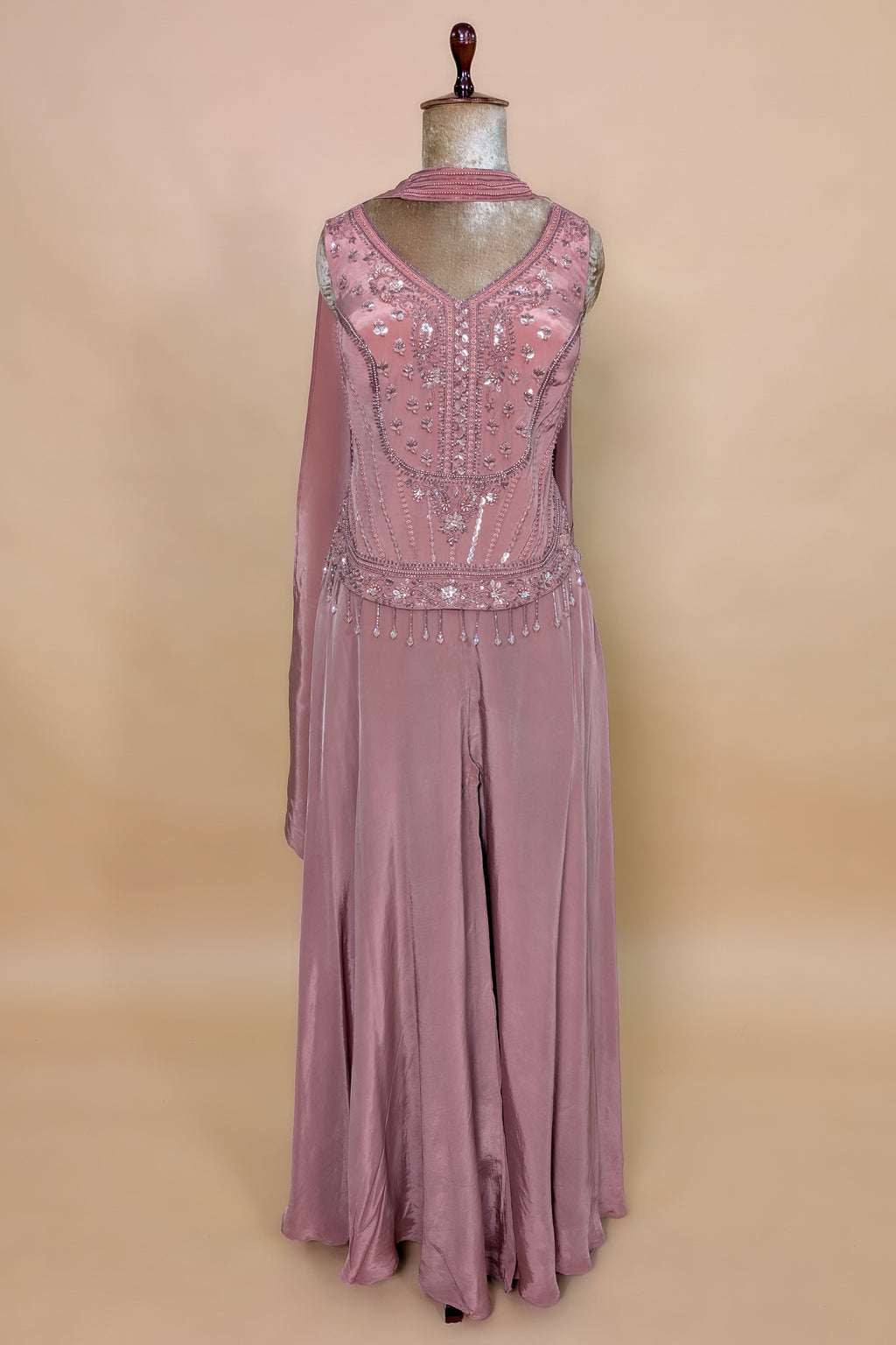 Peach Crepe Silk Cutdana Beaded Palazzo Set