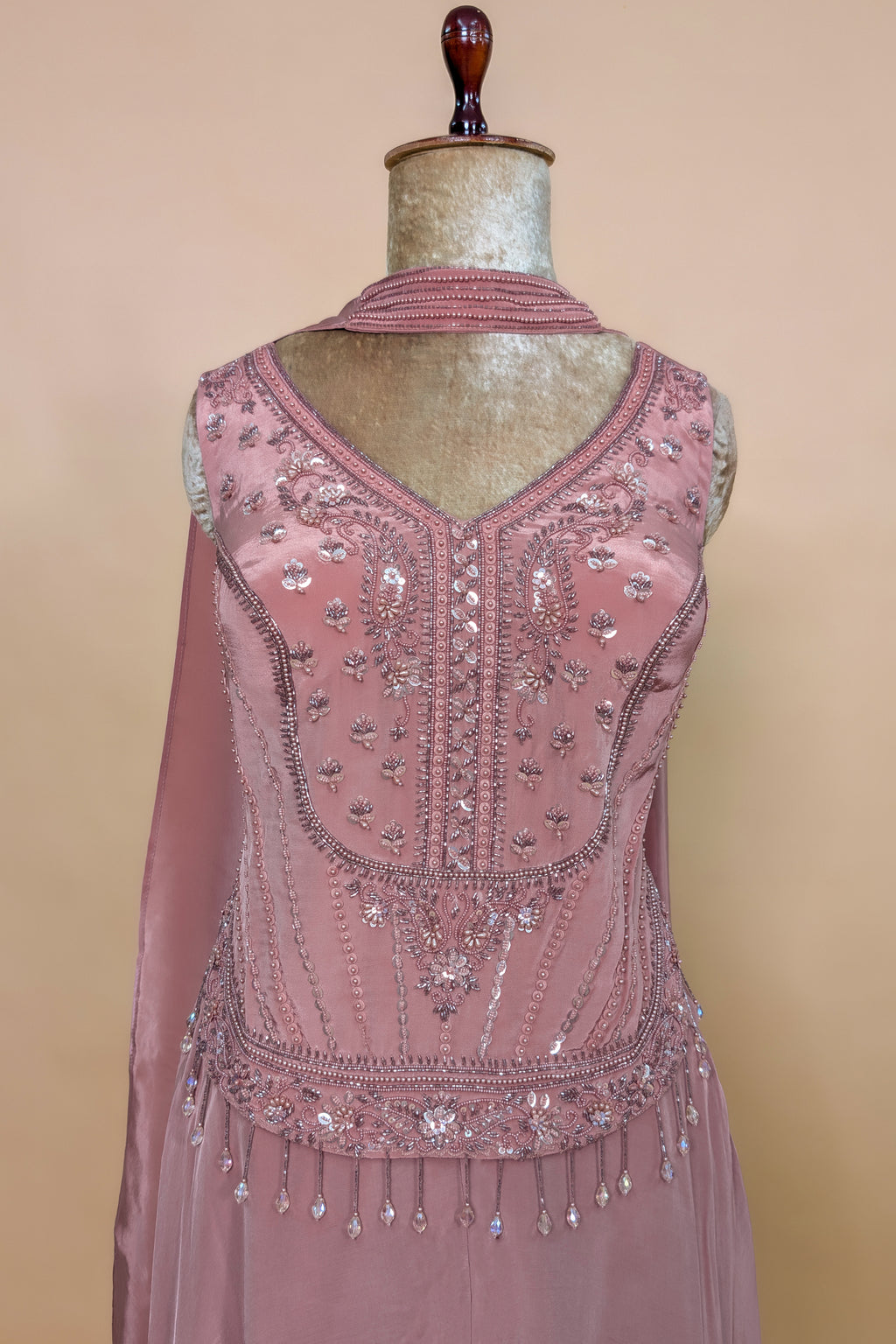 Peach Crepe Silk Cutdana Beaded Palazzo Set