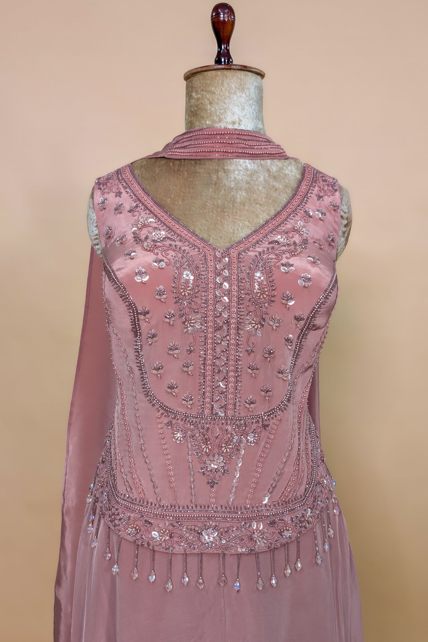 Peach Crepe Silk Cutdana Beaded Palazzo Set