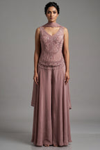 Peach Crepe Silk Cutdana Beaded Palazzo Set