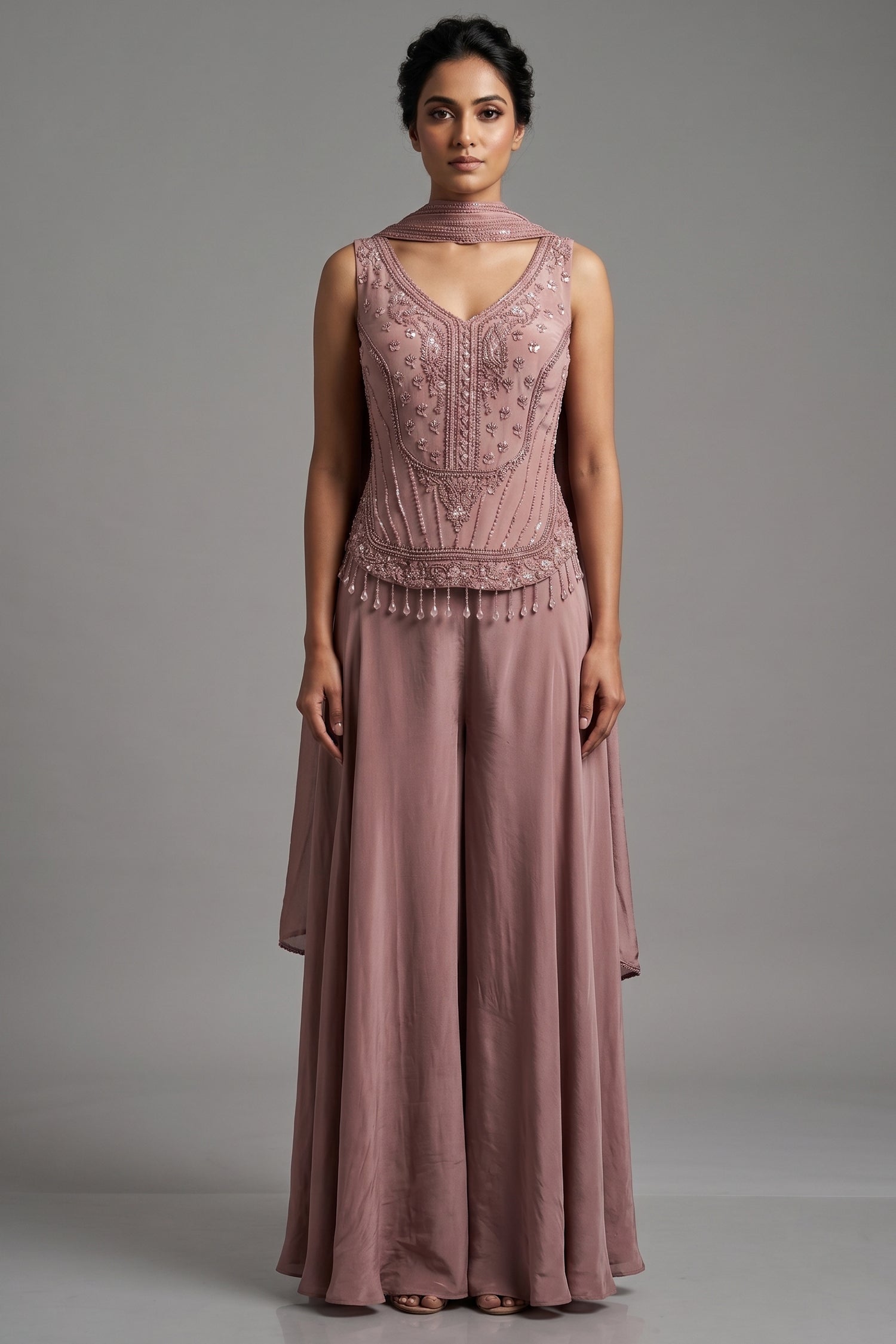 Peach Crepe Silk Cutdana Beaded Palazzo Set