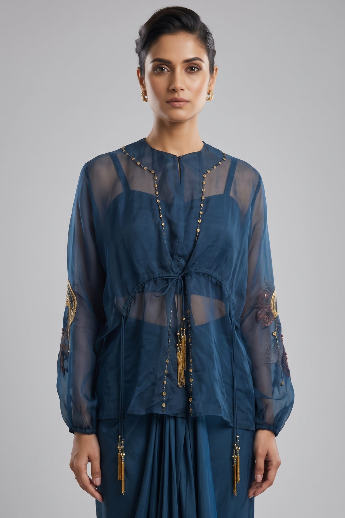 Peacock Blue Satin Organza Dhoti Set