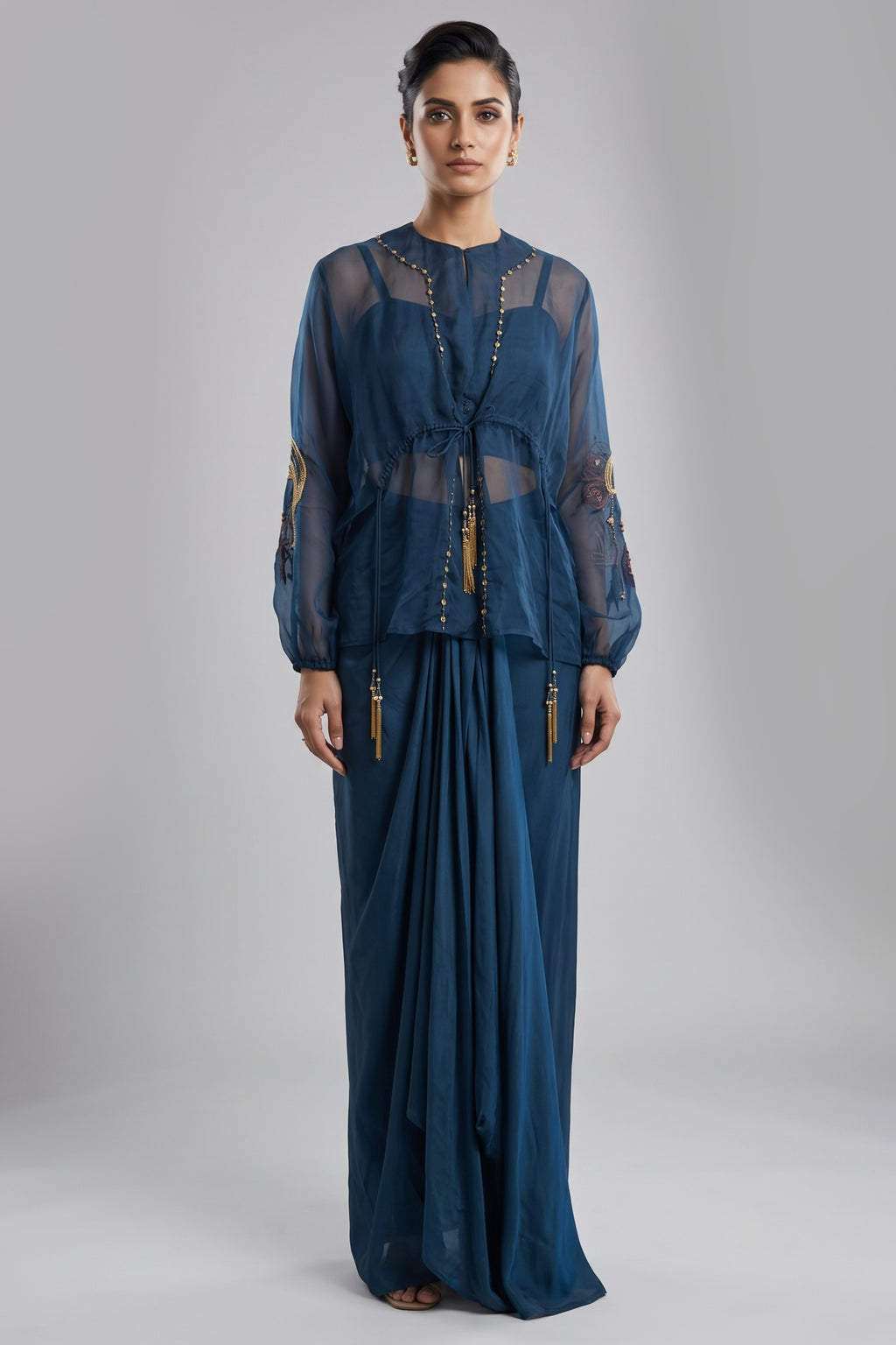 Peacock Blue Satin Organza Dhoti Set