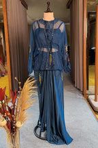 Peacock Blue Satin Organza Dhoti Set