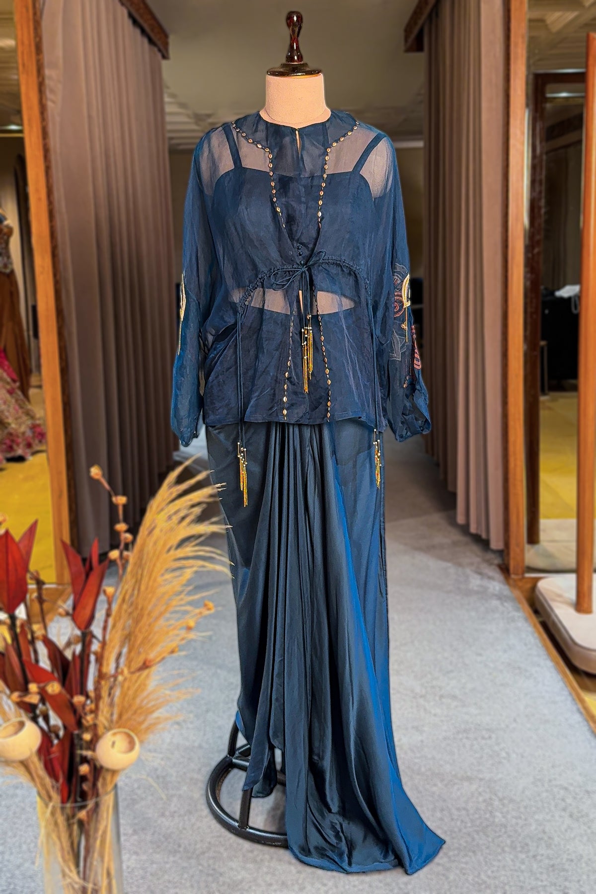 Peacock Blue Satin Organza Dhoti Set