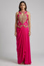 Pink Dhoti Skirt with Raw Silk Sequinned High Neck Keyhole Jacket Top