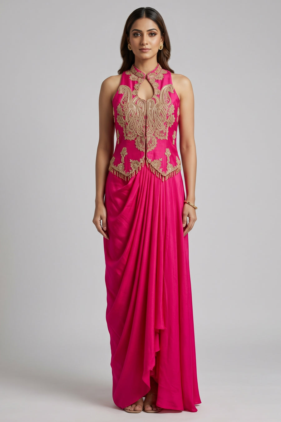 Pink Dhoti Skirt with Raw Silk Sequinned High Neck Keyhole Jacket Top