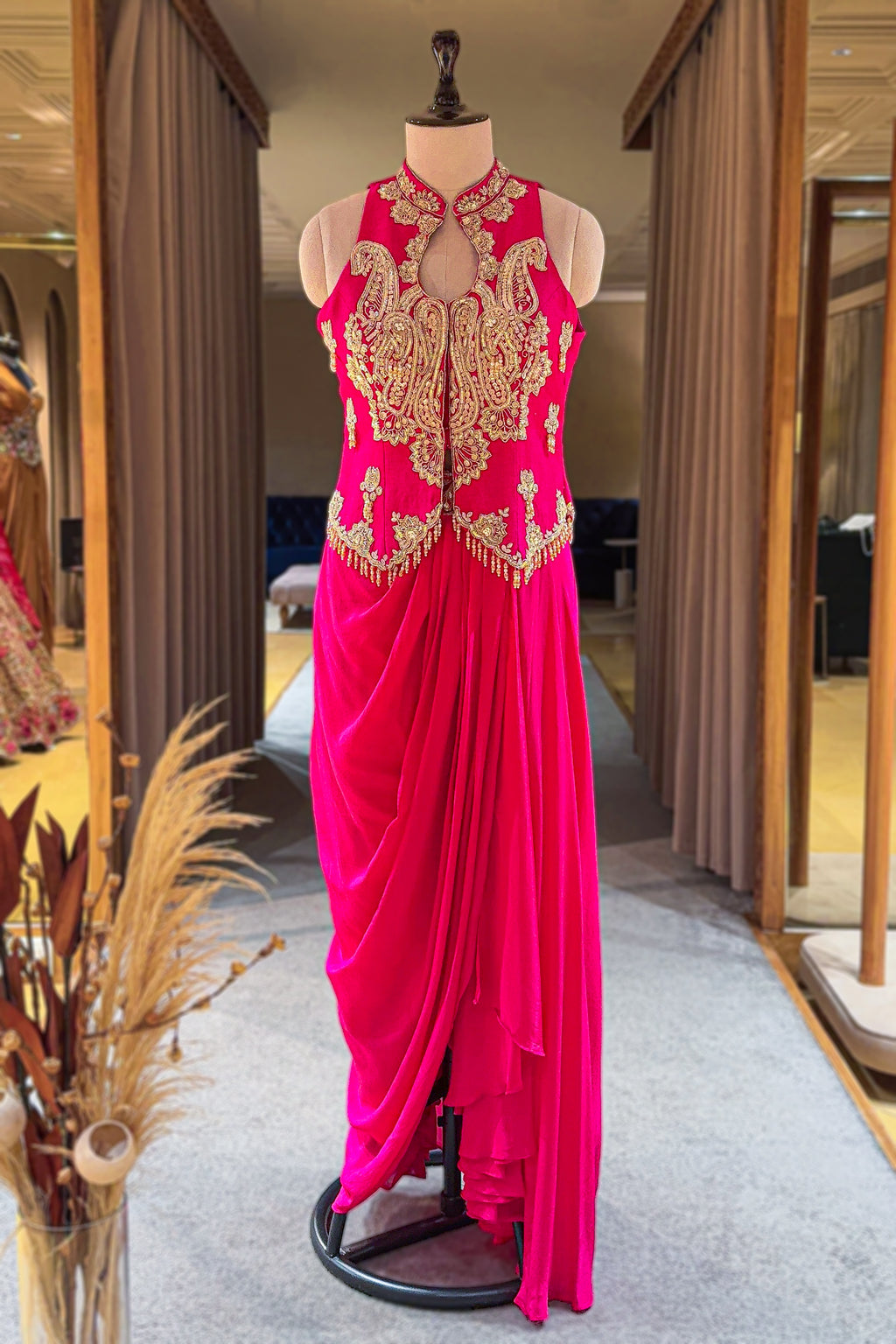 Pink Dhoti Skirt with Raw Silk Sequinned High Neck Keyhole Jacket Top