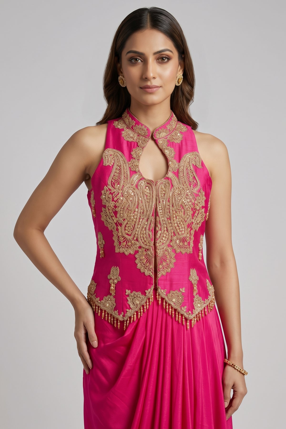 Pink Dhoti Skirt with Raw Silk Sequinned High Neck Keyhole Jacket Top