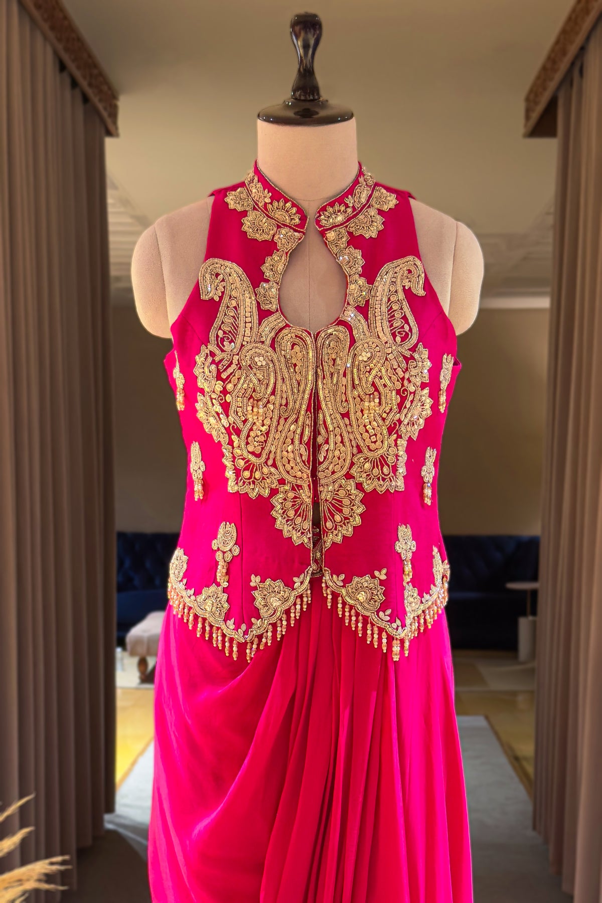 Pink Dhoti Skirt with Raw Silk Sequinned High Neck Keyhole Jacket Top