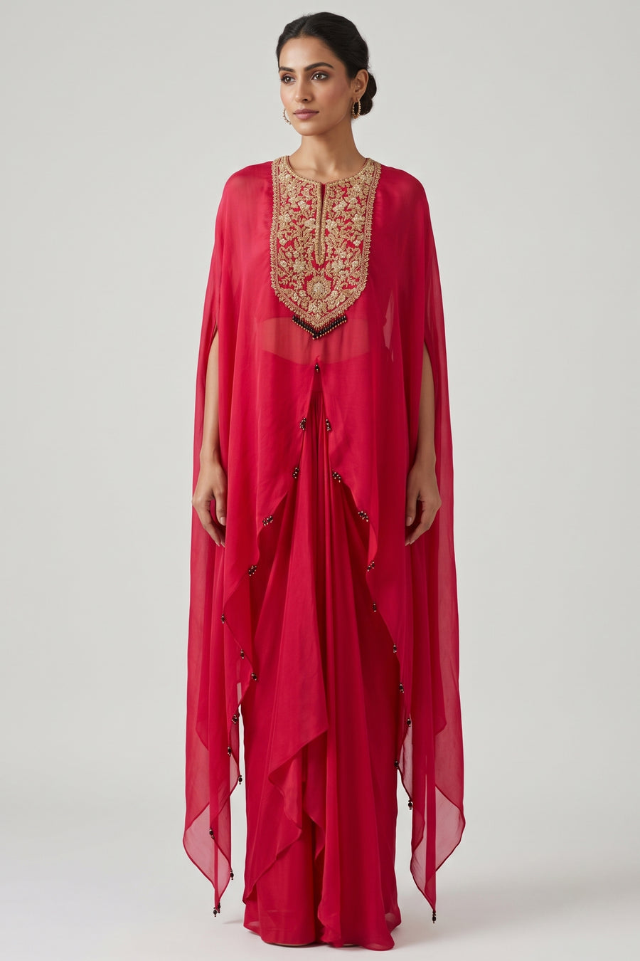Pink Organza Zardosi and Beaded Slit Cut Top with Draped Dhoti Skirt