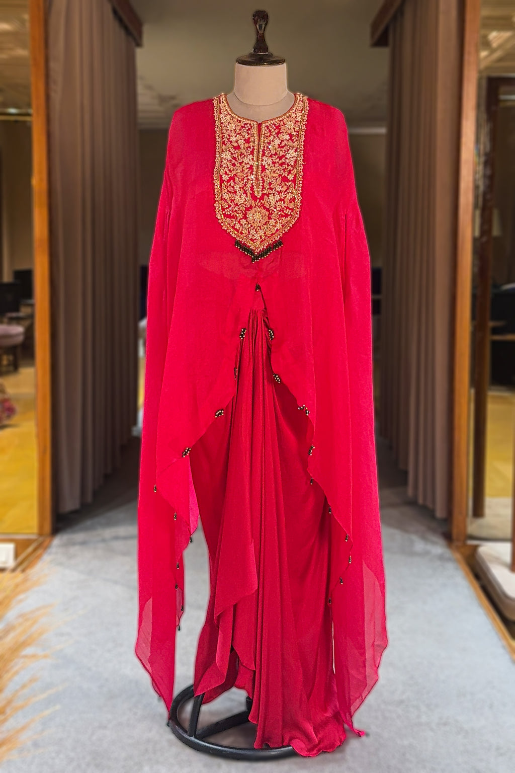 Pink Organza Zardosi and Beaded Slit Cut Top with Draped Dhoti Skirt