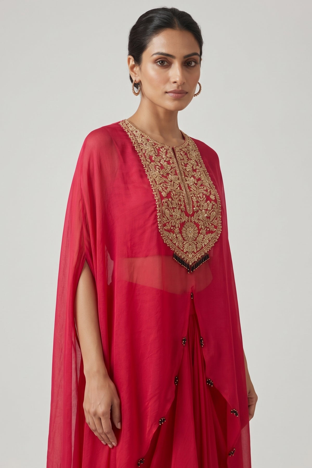 Pink Organza Zardosi and Beaded Slit Cut Top with Draped Dhoti Skirt