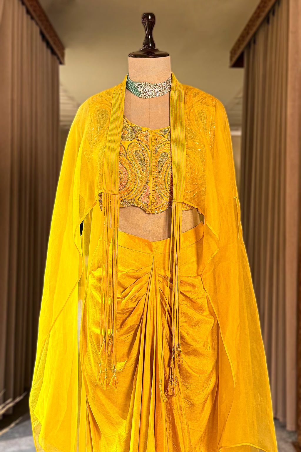 Yellow Silk Sequin Beaded Crop Top Skirt Set with Jacket
