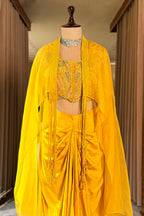 Yellow Silk Sequin Beaded Crop Top Skirt Set with Jacket