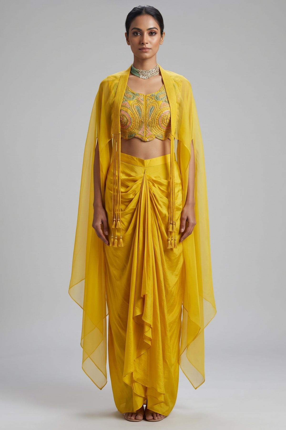 Yellow Silk Sequin Beaded Crop Top Skirt Set with Jacket