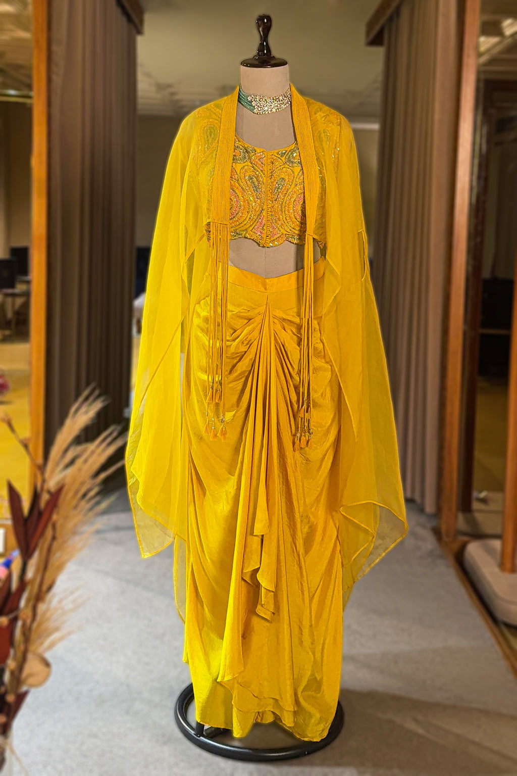 Yellow Silk Sequin Beaded Crop Top Skirt Set with Jacket