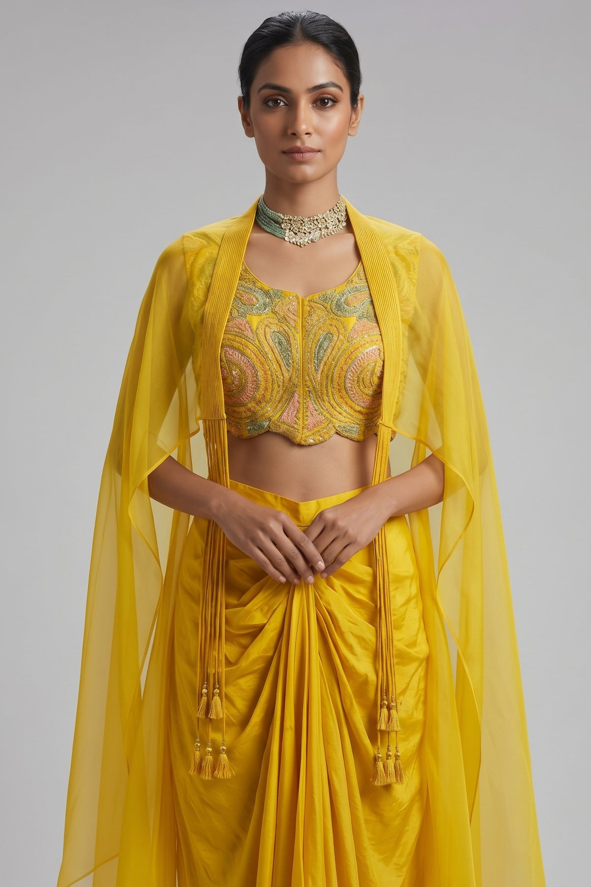 Yellow Silk Sequin Beaded Crop Top Skirt Set with Jacket