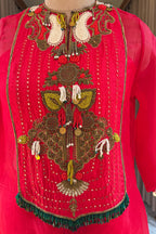 Red Organza Embroidered and Beaded Top with Draped Dhoti Skirt