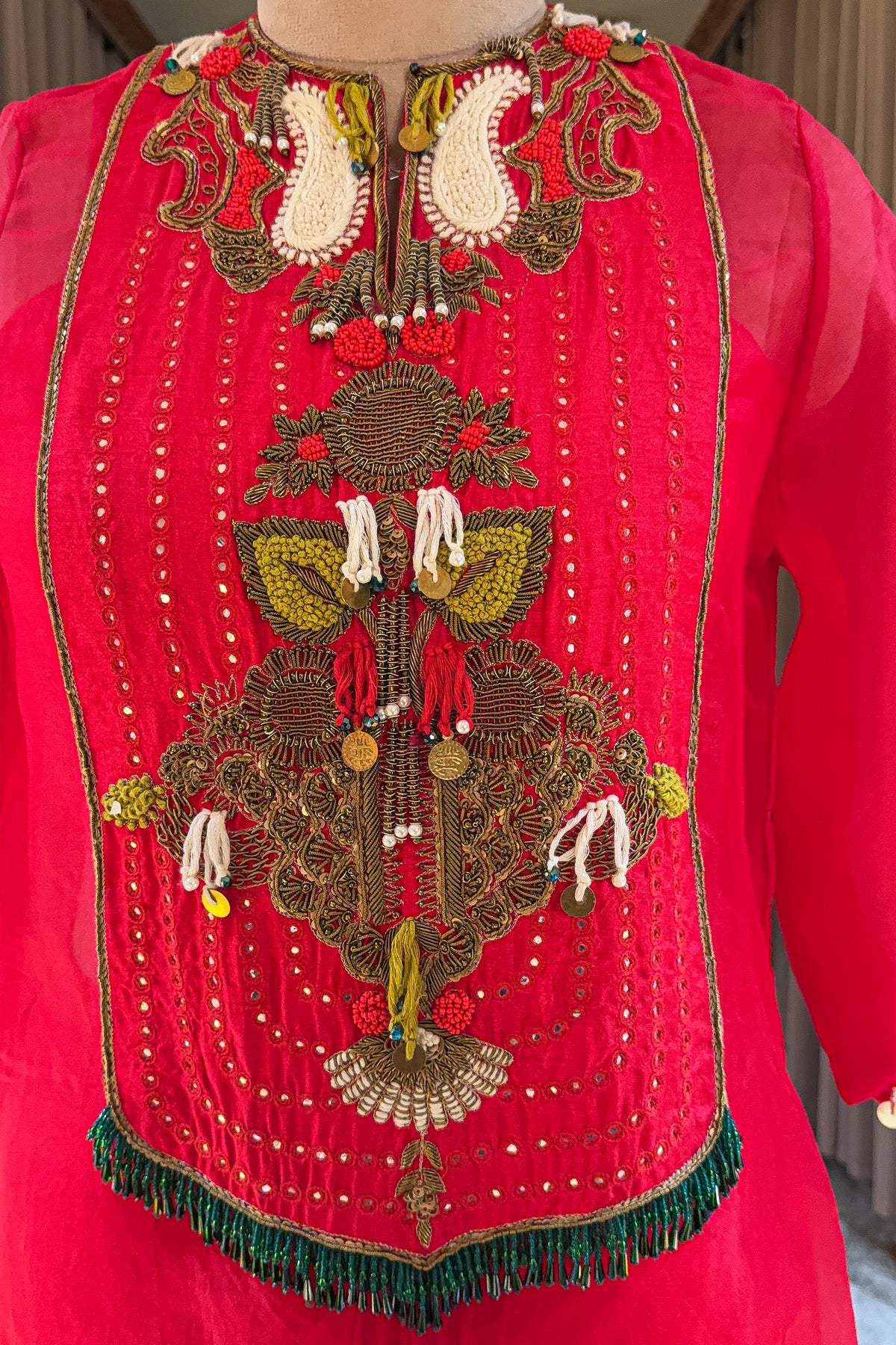Red Organza Embroidered and Beaded Top with Draped Dhoti Skirt