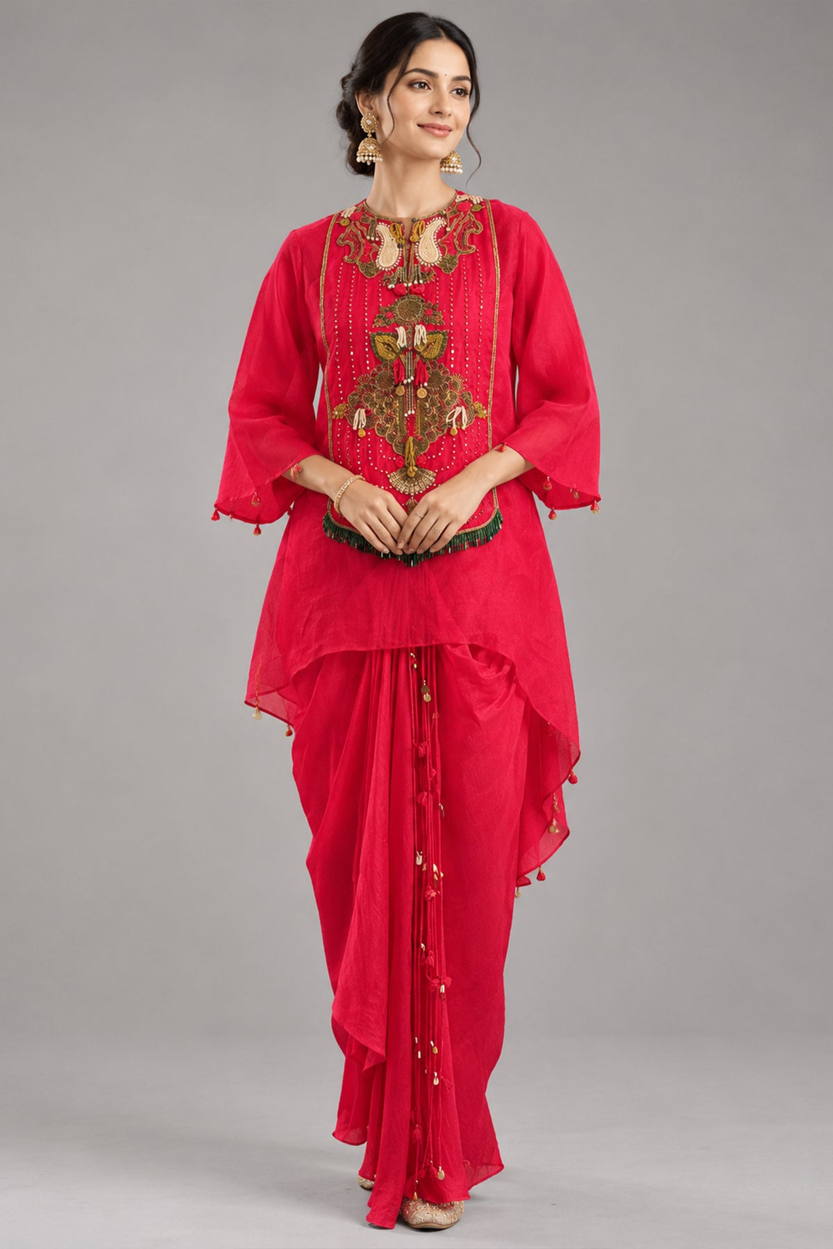 Red Organza Embroidered and Beaded Top with Draped Dhoti Skirt