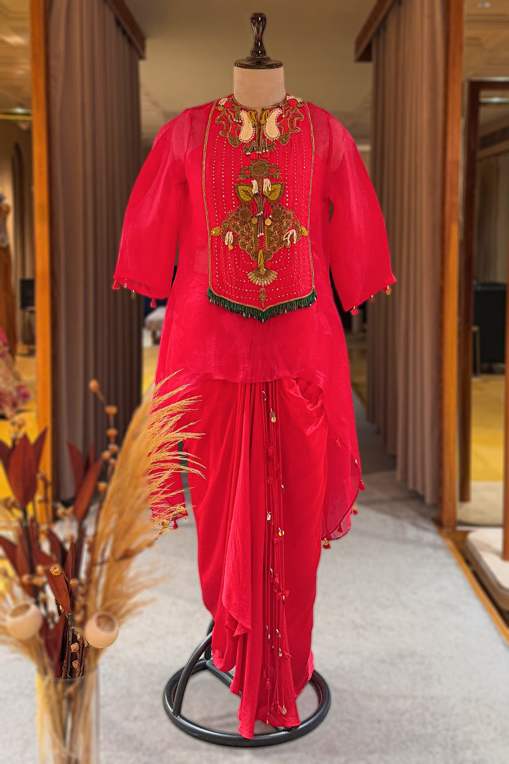 Red Organza Embroidered and Beaded Top with Draped Dhoti Skirt
