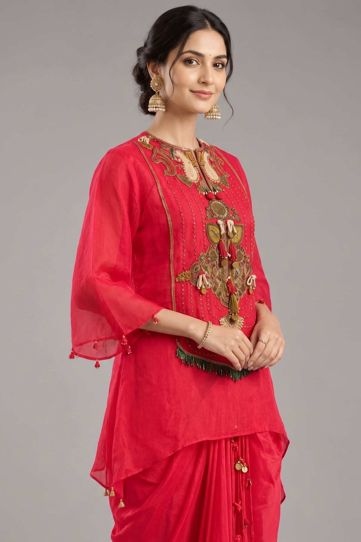 Red Organza Embroidered and Beaded Top with Draped Dhoti Skirt