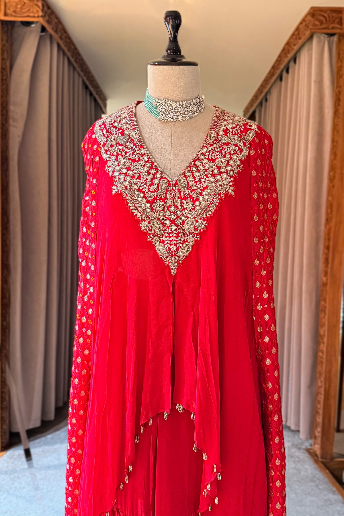 Red Georgette Bandhej Cutdana Worked Sharara Set