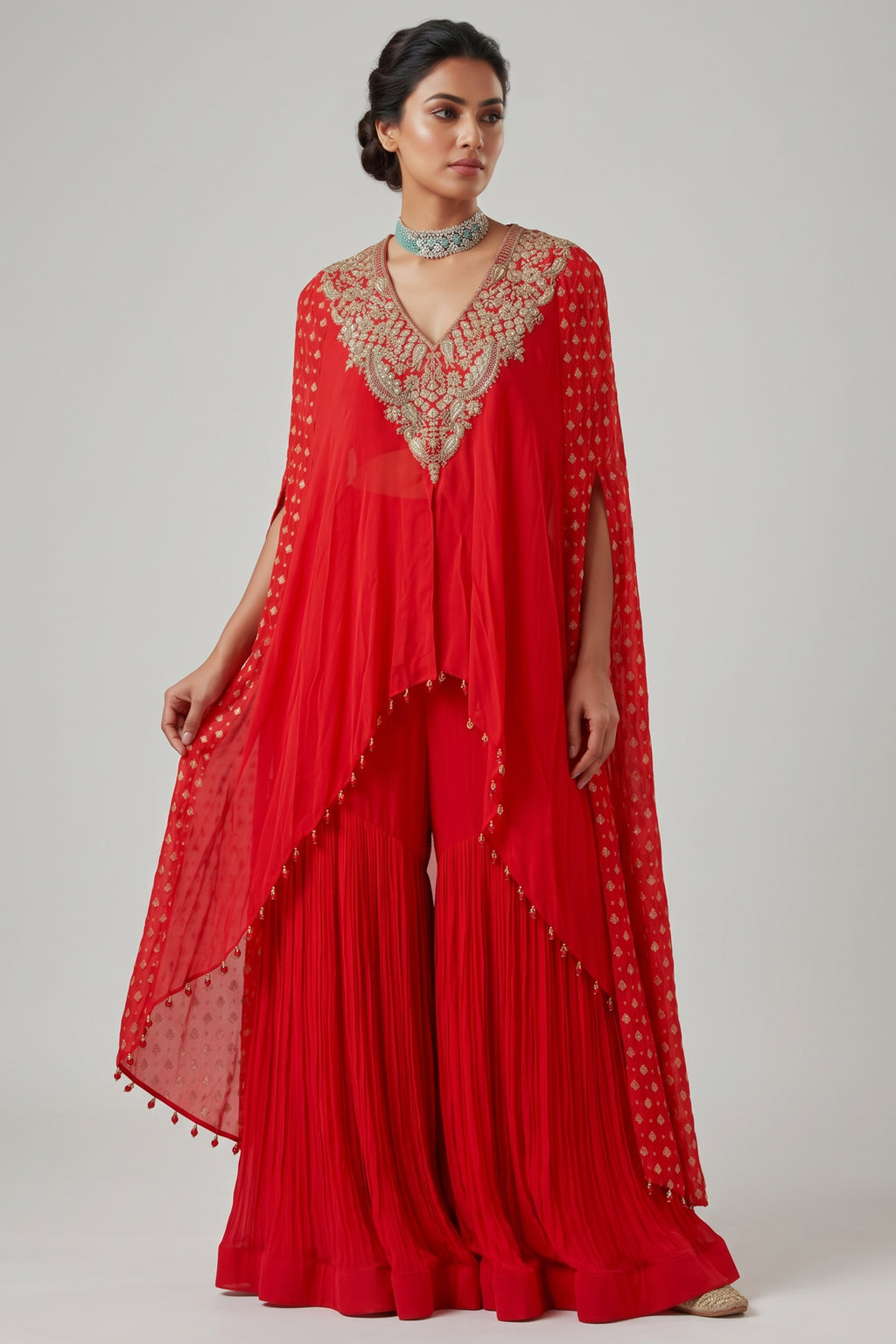 Red Georgette Bandhej Cutdana Worked Sharara Set