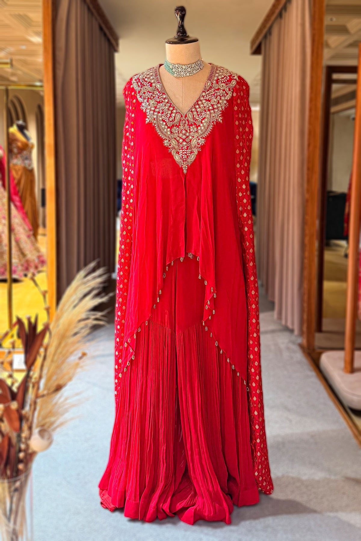 Red Georgette Bandhej Cutdana Worked Sharara Set