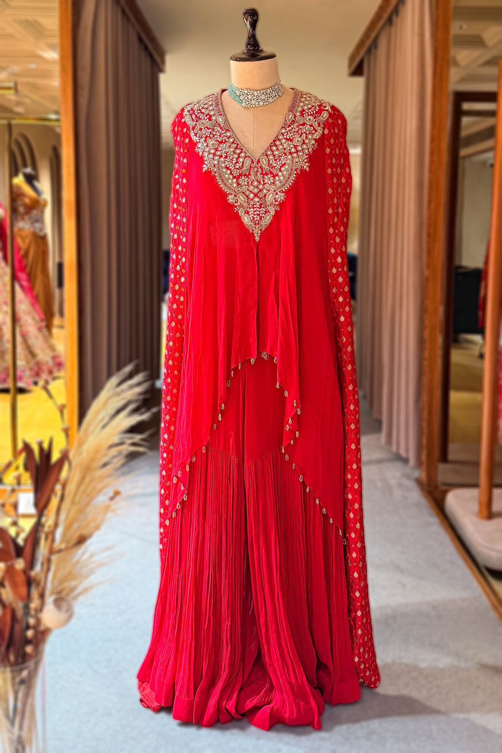 Red Georgette Bandhej Cutdana Worked Sharara Set